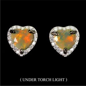 Stunning Natural Fire Opal Heart shape 6mm w/ halo 925 Sterling silver Earrings